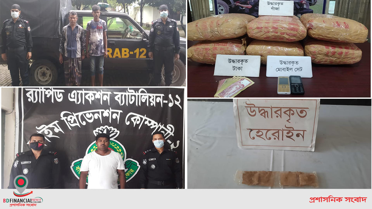 র্যাব-১২ এর পৃথক দুই অভিযানে হেরোইন ও গাজাঁ সহ গ্রেফতার ০৩ জন