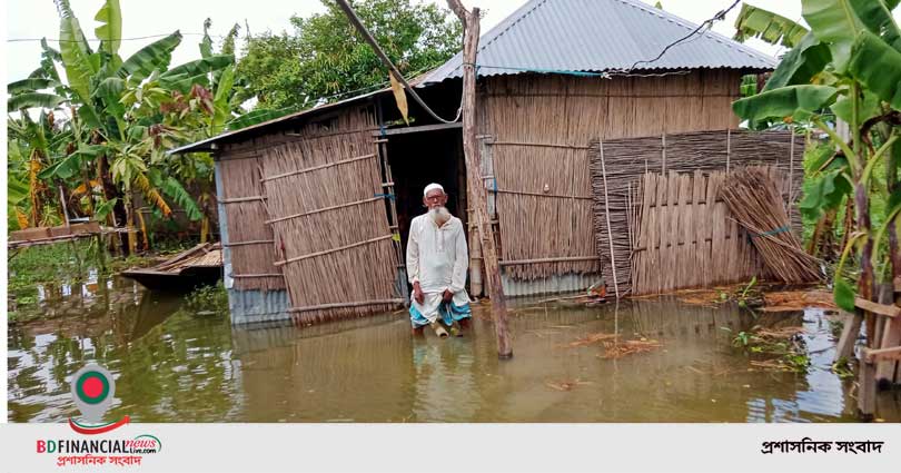 গোপালগঞ্জে পানিতে ভাসছে মুক্তিযোদ্ধা চাঁন মিয়ার ঝুপড়ি ঘর