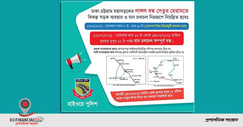 ঢাকা-চট্টগ্রাম মহাসড়কের সোনারগাঁও থানাধীন লাঙ্গলবন্দ সেতুর মেরামতজনিত কারণে বিকল্প সড়ক ব্যবহার ও যান চলাচল সংক্রান্ত জরুরী নোটিস