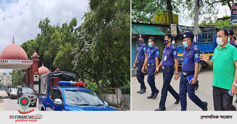 সরকারী বিধি-নিষেধ অনুযায়ী কঠোর লগডাউন বাস্তবায়নে টাঙ্গাইল জেলা পুলিশের মহড়া